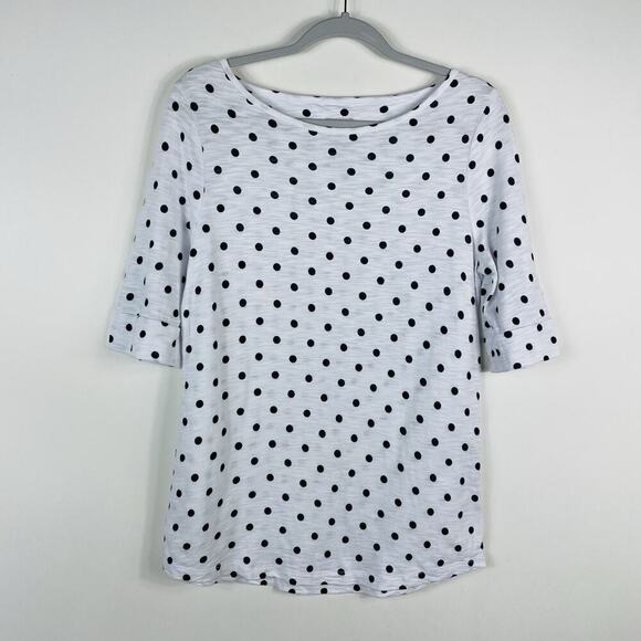 Chico's Size Small 4 0 Polka Dot Elbow Sleeve Slub Knit Top White Black - Picture 1 of 4